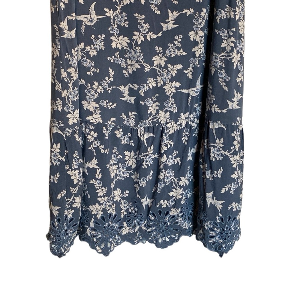 Loft Lace Eyelet Trim Flounce Swing Dress LP Cottagecore Blue White Floral Birds - Picture 4 of 12